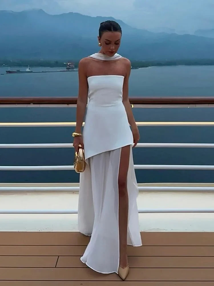 Mesh Scarf Neck Strapless Maxi Dress – Elegant Backless Split Gown SnugBubs Australia