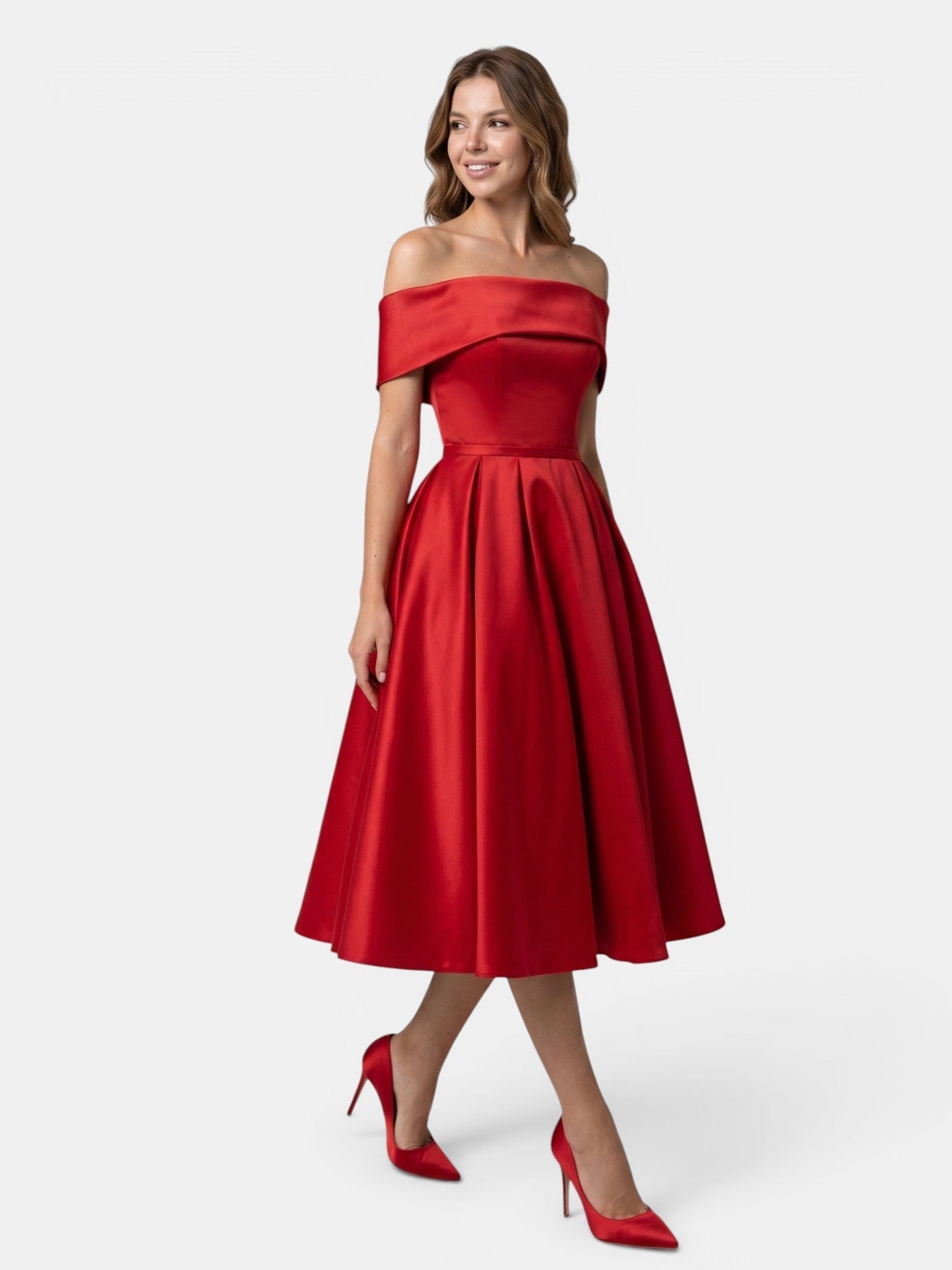 Gleamond | Women's Off Shoulder Fit and Flare Midi Dress with Pleated Full Skirt Gleamond
