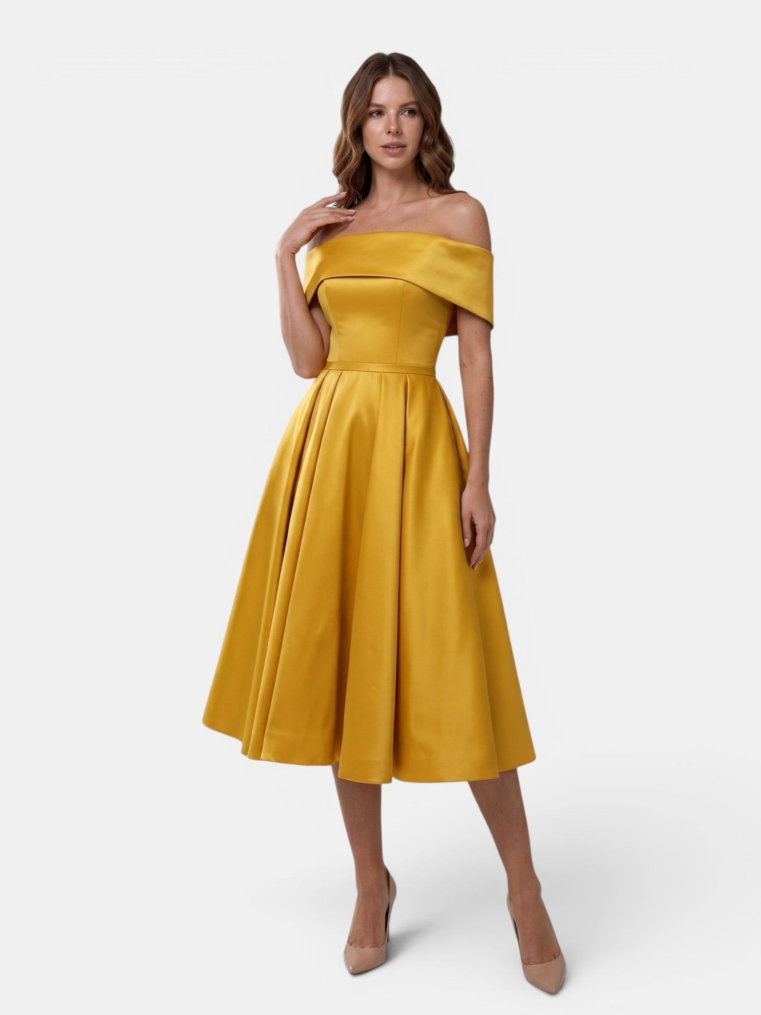 Gleamond | Women's Off Shoulder Fit and Flare Midi Dress with Pleated Full Skirt Gleamond