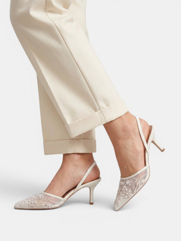 Gleamond | Women's Slingback Pumps with Pointed Toe and Embroidered Floral Detail Gleamond