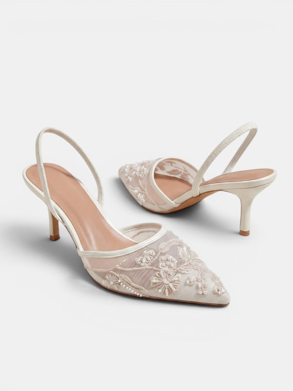 Gleamond | Women's Slingback Pumps with Pointed Toe and Embroidered Floral Detail Gleamond