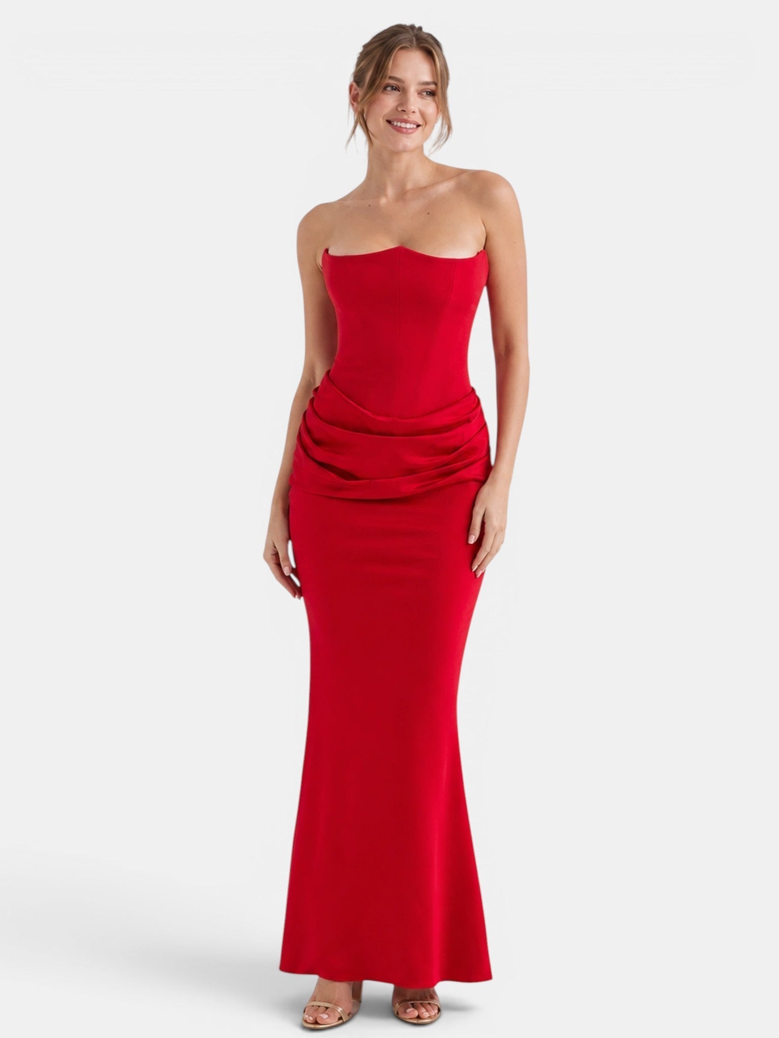 Gleamond | Women's Strapless Maxi Dress with Ruched Skirt and Fitted Bodice Gleamond