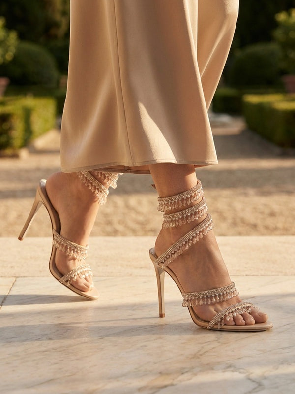 Gleamond | Women's Wraparound Sandals with Crystal Fringe and Stiletto Heel Gleamond