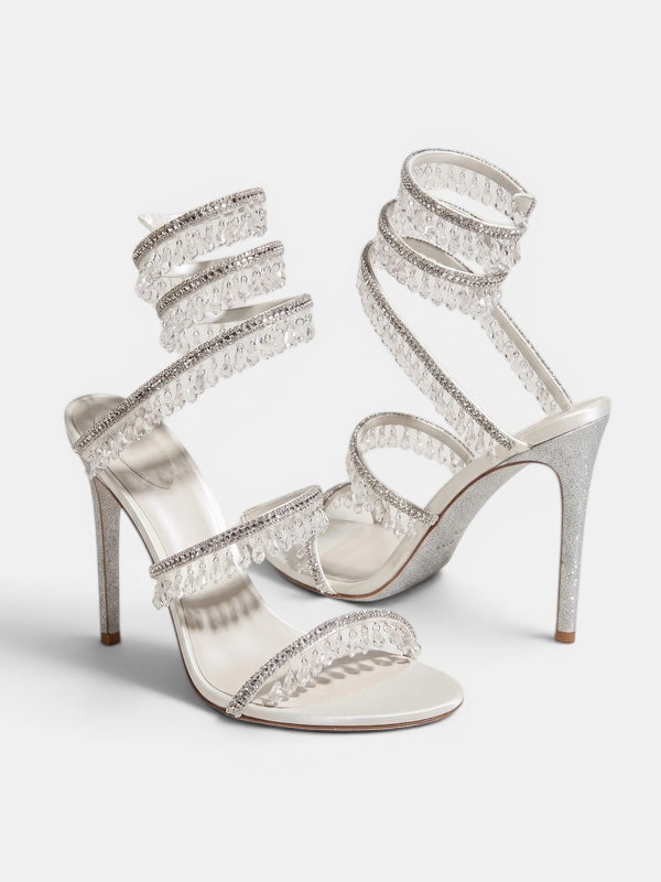 Gleamond | Women's Wraparound Sandals with Crystal Fringe and Stiletto Heel Gleamond