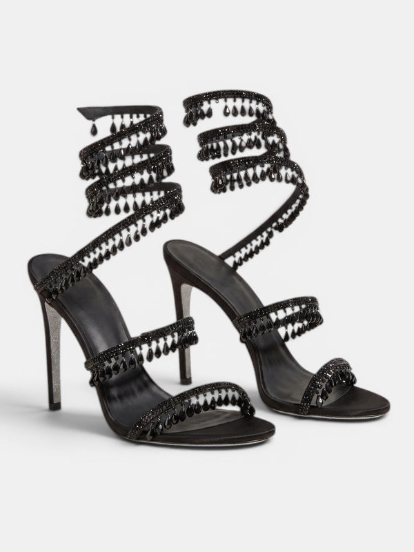 Gleamond | Women's Wraparound Sandals with Crystal Fringe and Stiletto Heel Gleamond