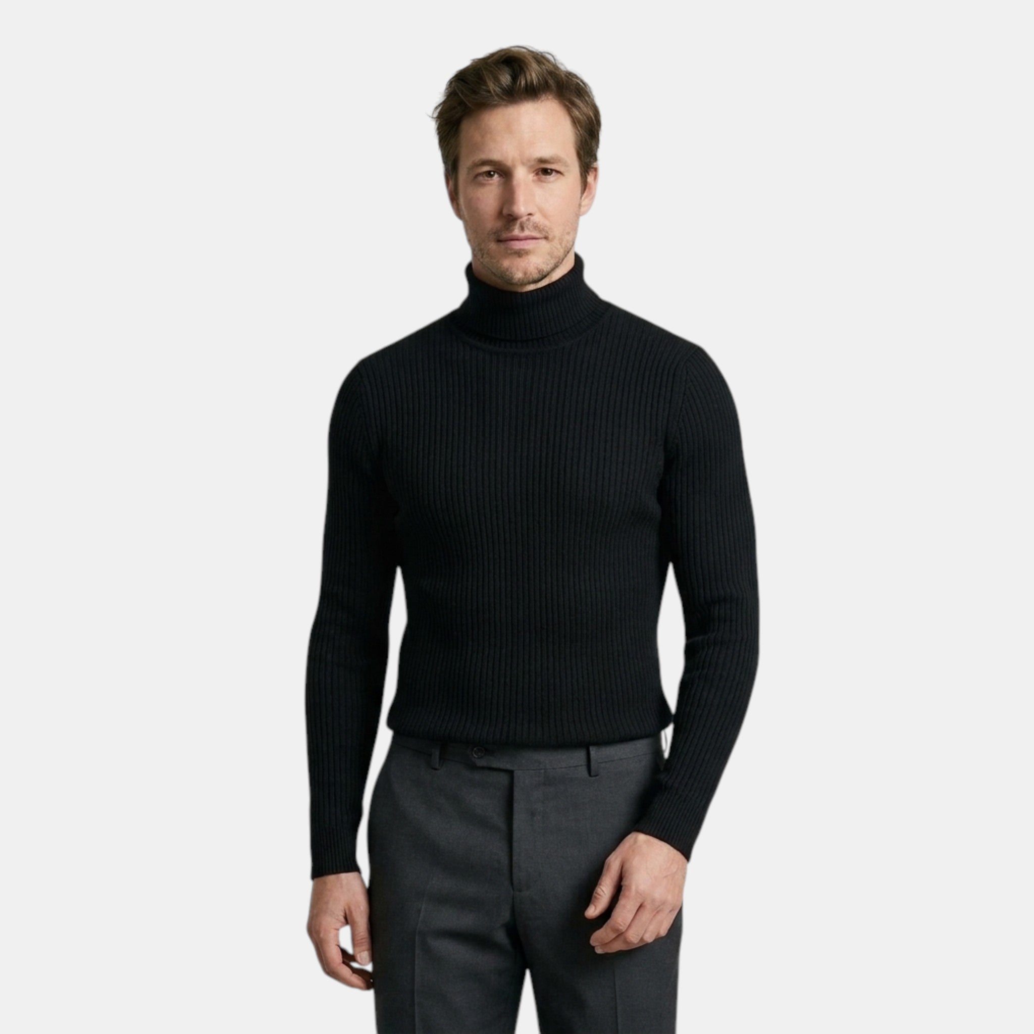 Men’s Cable Knit Turtleneck Sweater Black Slim Fit Pullover SnugBubs Australia