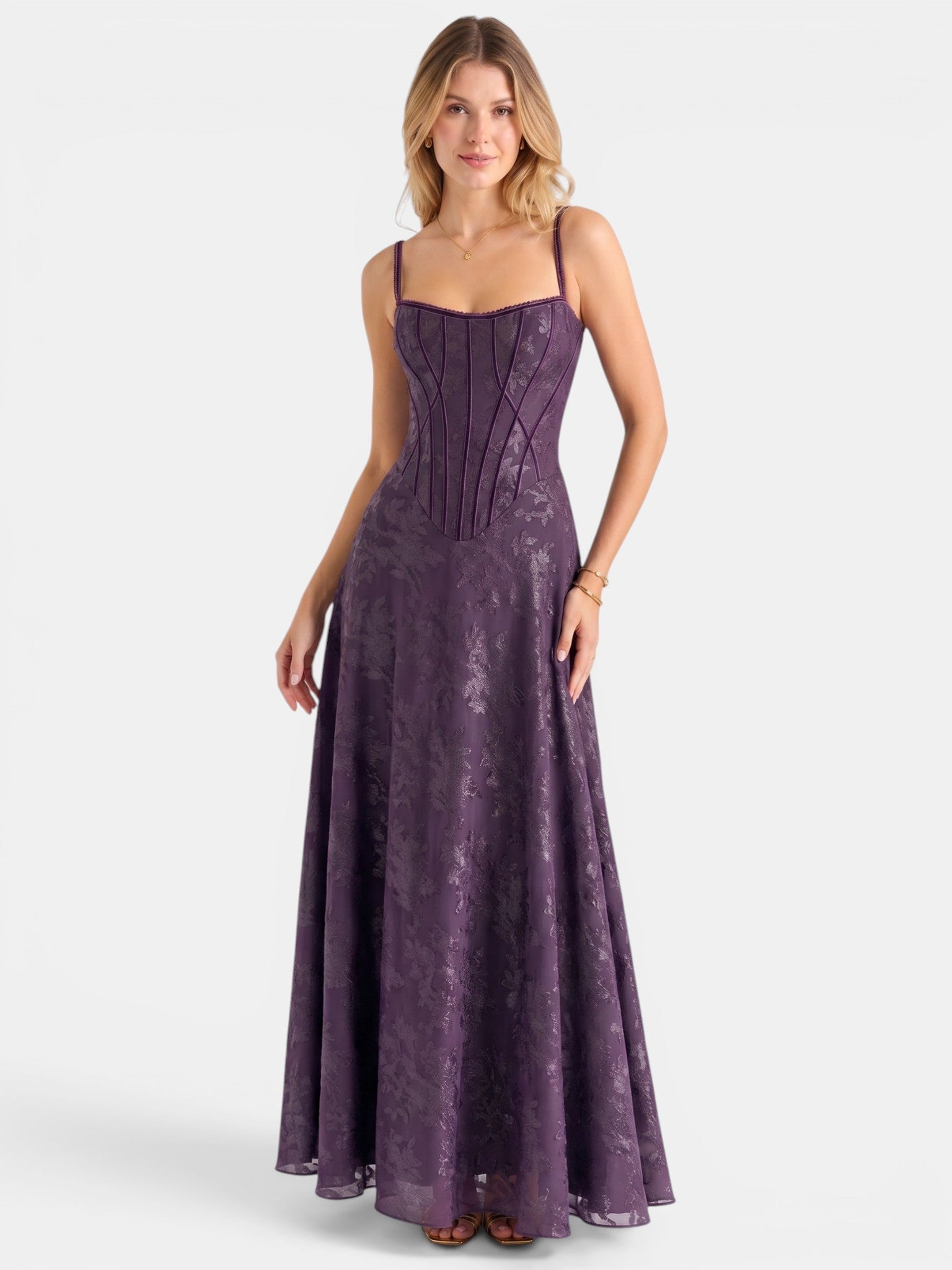Gleamond | Spaghetti Strap Chiffon Floral Formal Dress Gleamond