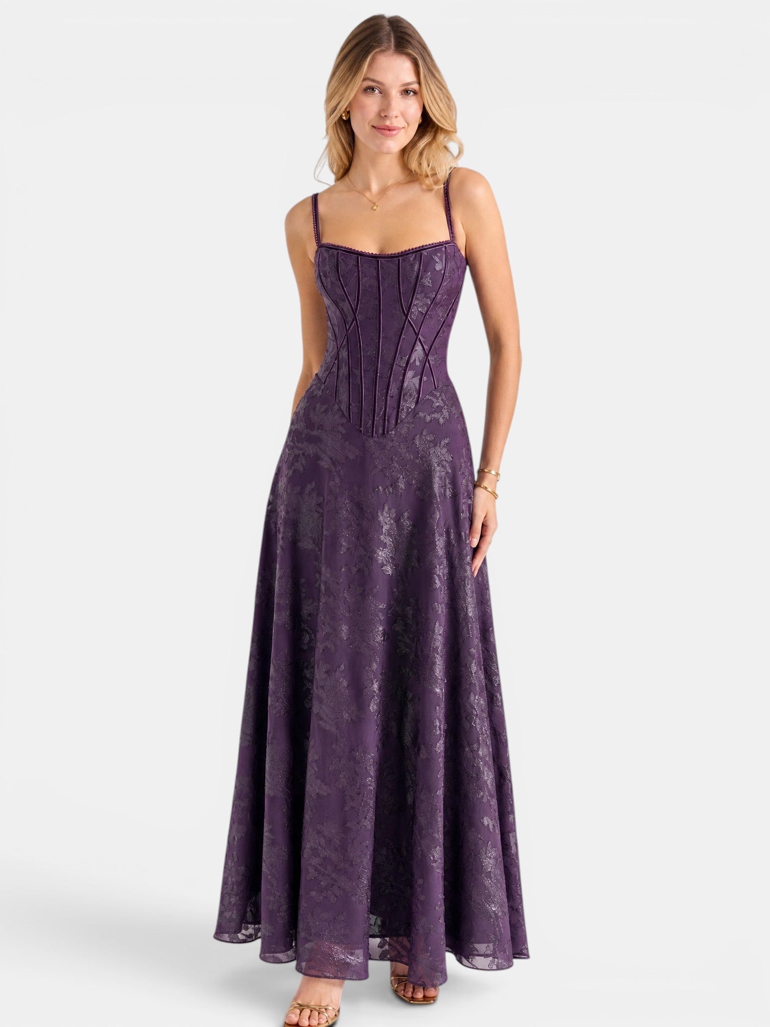 Gleamond | Spaghetti Strap Chiffon Floral Formal Dress Gleamond