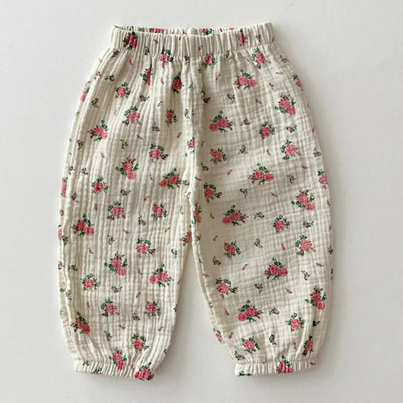 Summer Baby Clothes Linen Girls Pants Sweet Print Girls Trousers Boys Casual Pants SnugBubs Australia