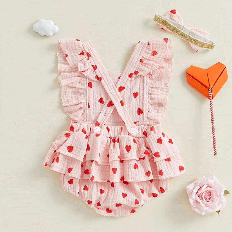 Heart/Bow Print Bodysuit with Flutter Sleeves & Headband SnugBubs Australia