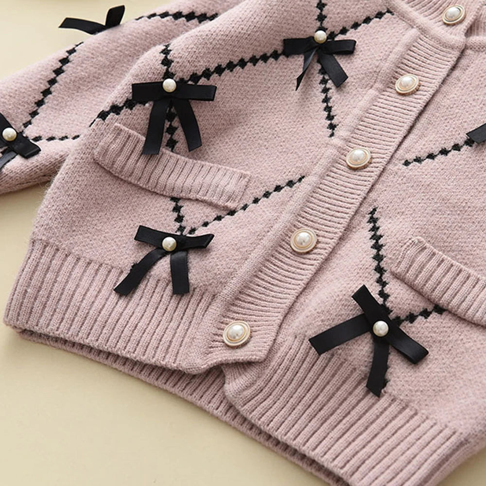 2PC Knitted Sweatshirt & Pants Set with Bow