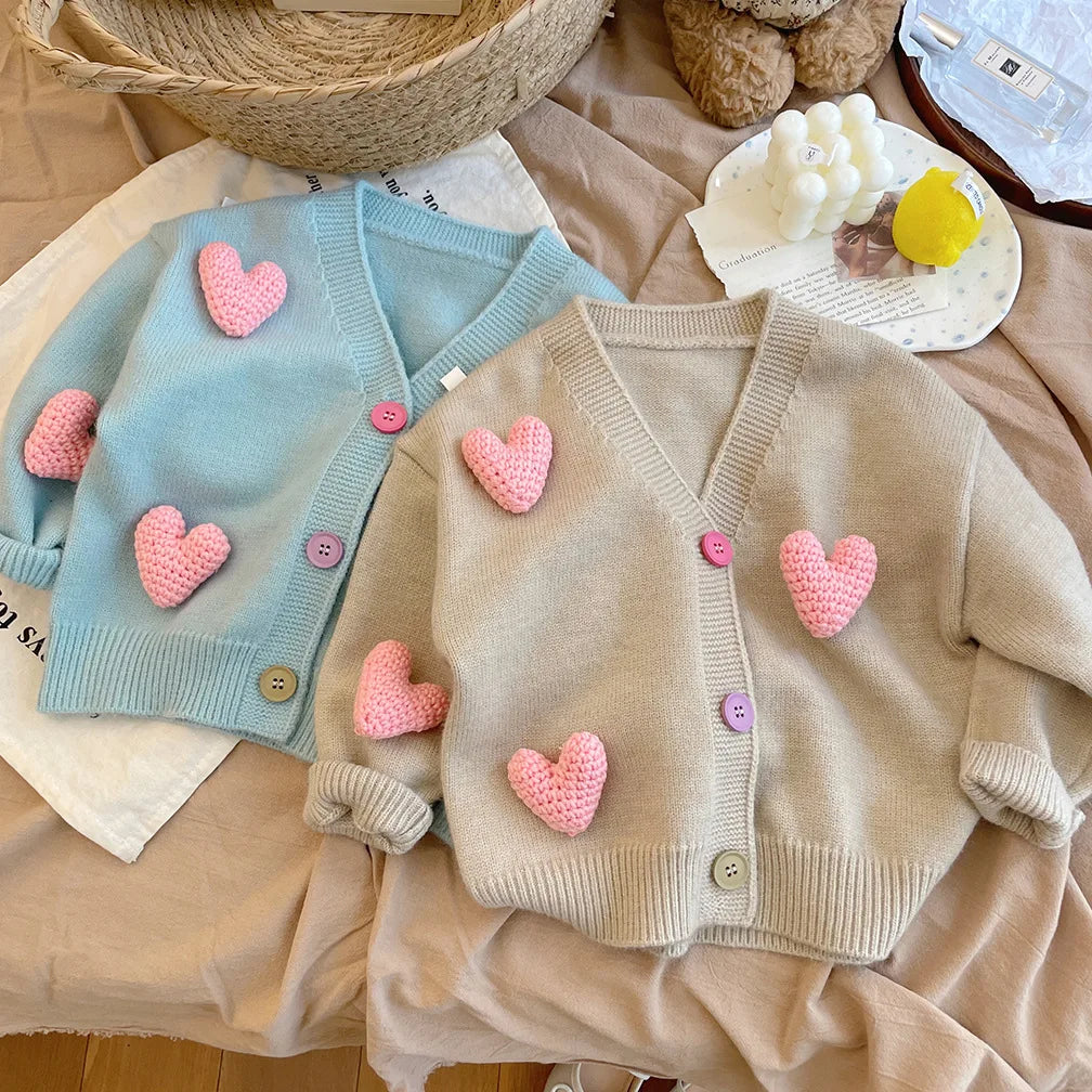 Girls Sweaters Coat Three-Dimensional Love Knitted Cardigan Jacket Autumn Winter Baby Girl Clothes Korean Kids Clothing 2-8Y SnugBubs Australia