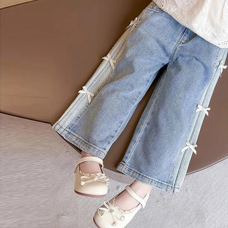 Baby Girls Bow Jeans 2025 Kids Spring Autumn Loose long Pants New Children's Straight Wide-leg Trousers Toddler Casual Clothing SnugBubs Australia