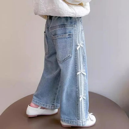 Baby Girls Bow Jeans 2025 Kids Spring Autumn Loose long Pants New Children's Straight Wide-leg Trousers Toddler Casual Clothing SnugBubs Australia