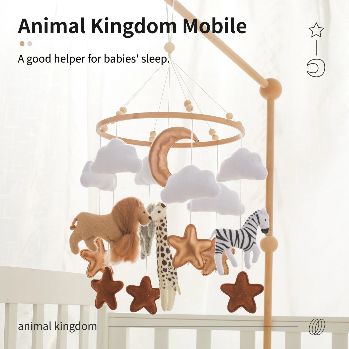 Wooden Mobile Bed Bell Crib Bracket Animal Kingdom Soft Felt Bed Bell Newborn Music Box Hanging Toy Baby Toys S for 0 12 Months SnugBubs Australia