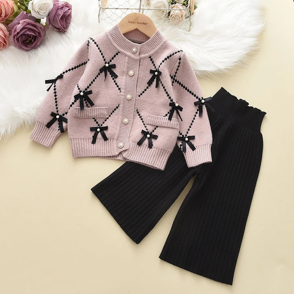 2PC Knitted Sweatshirt & Pants Set with Bow