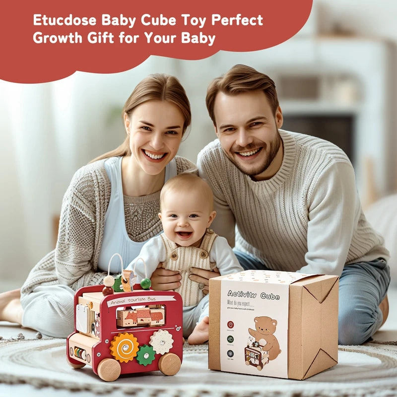 Montessori Wooden Animal Activity Bus 8-in-1 – Baby Sensory Busy Board Toy for Hand & Foot Development SnugBubs Australia