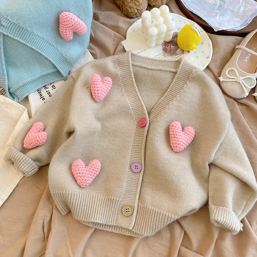 Girls Sweaters Coat Three-Dimensional Love Knitted Cardigan Jacket Autumn Winter Baby Girl Clothes Korean Kids Clothing 2-8Y SnugBubs Australia