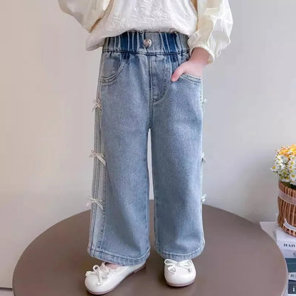 Baby Girls Bow Jeans 2025 Kids Spring Autumn Loose long Pants New Children's Straight Wide-leg Trousers Toddler Casual Clothing SnugBubs Australia