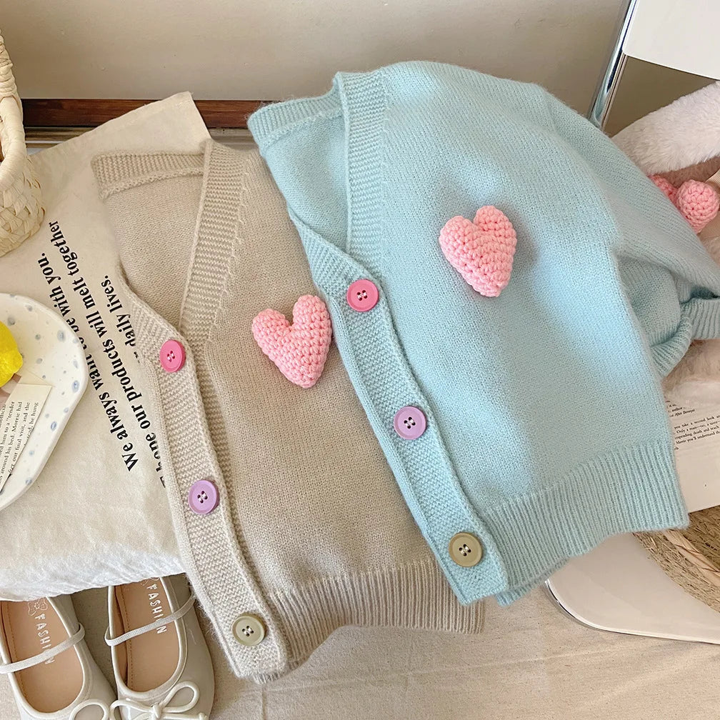 Girls Sweaters Coat Three-Dimensional Love Knitted Cardigan Jacket Autumn Winter Baby Girl Clothes Korean Kids Clothing 2-8Y SnugBubs Australia