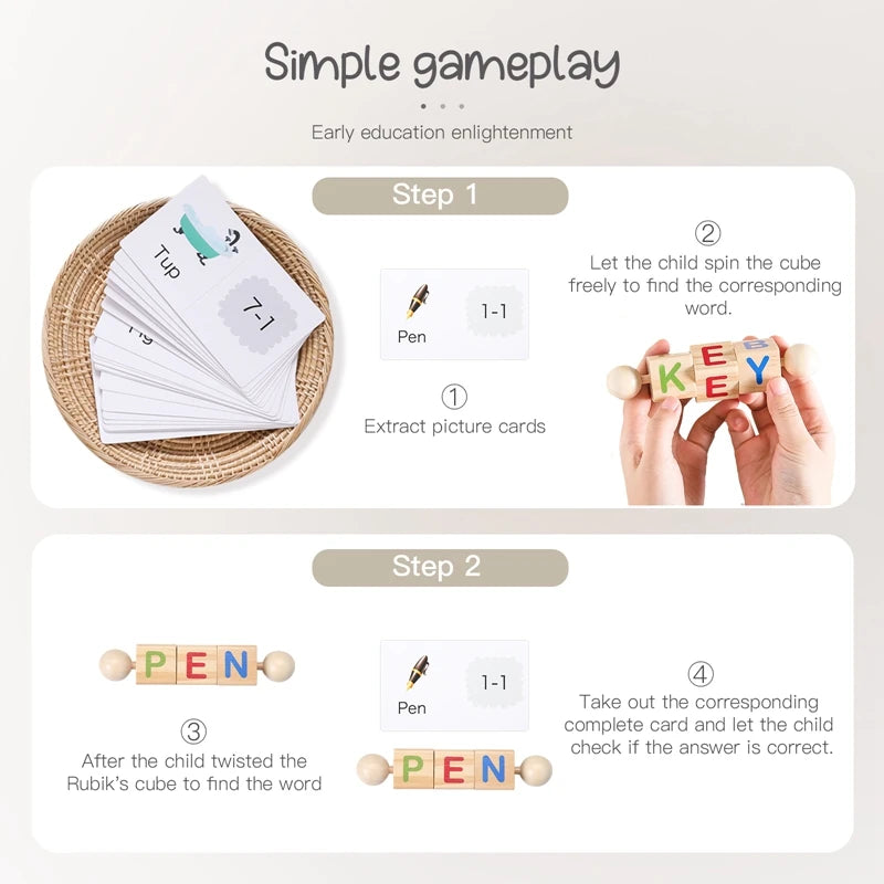 Montessori Word Spelling Game – Kids Educational Puzzle with Picture Matching Cards SnugBubs Australia