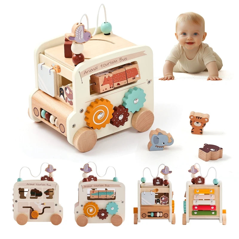 Montessori Wooden Animal Activity Bus 8-in-1 – Baby Sensory Busy Board Toy for Hand & Foot Development SnugBubs Australia