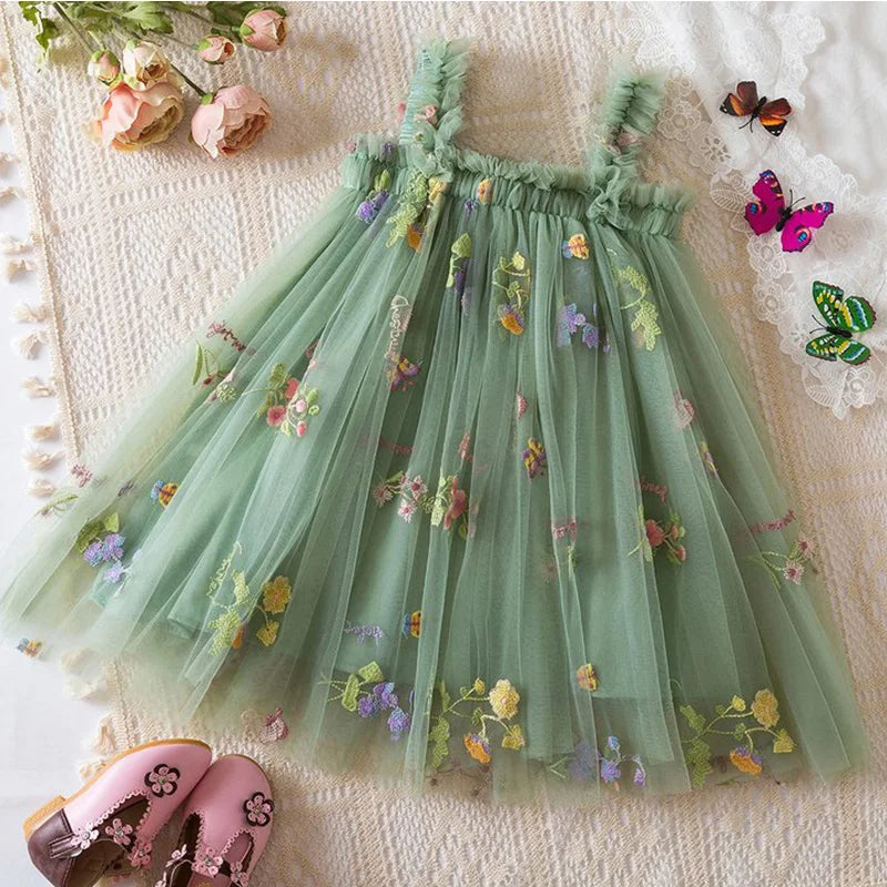 Embroidery Green  Ruffled Girl Dress SnugBubs Australia