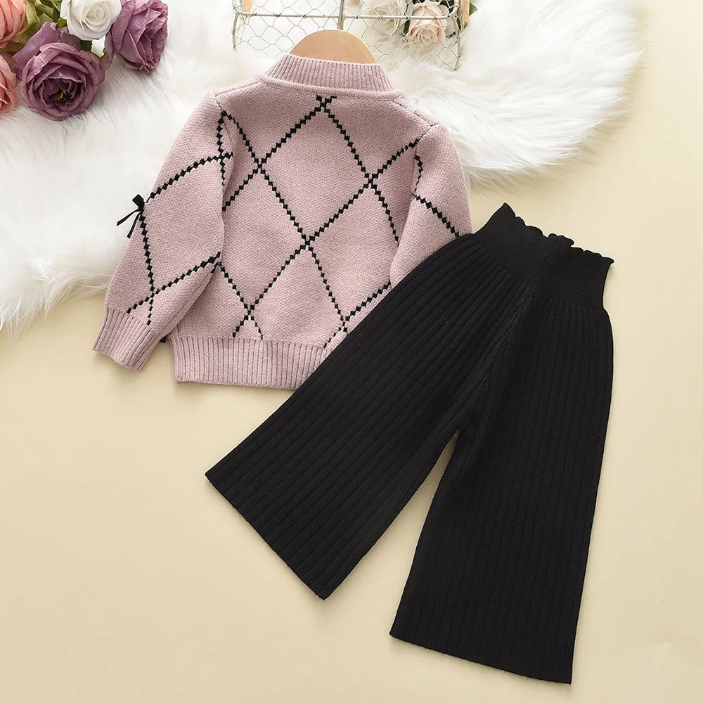 2PC Knitted Sweatshirt & Pants Set with Bow