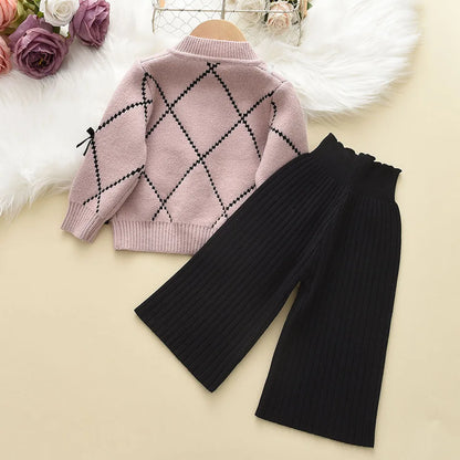 2PC Knitted Sweatshirt & Pants Set with Bow