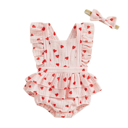 Heart/Bow Print Bodysuit with Flutter Sleeves & Headband SnugBubs Australia