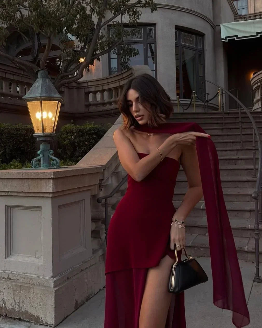 Mesh Scarf Neck Strapless Maxi Dress – Elegant Backless Split Gown SnugBubs Australia