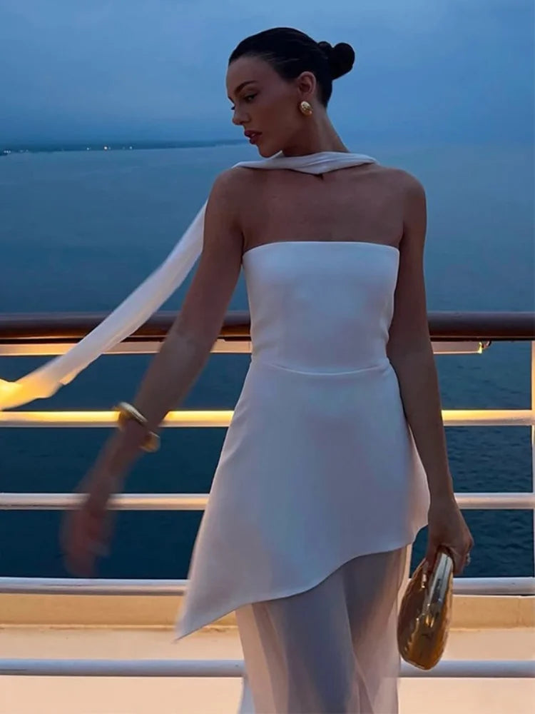 Mesh Scarf Neck Strapless Maxi Dress – Elegant Backless Split Gown SnugBubs Australia
