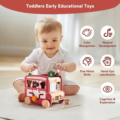 Montessori Wooden Animal Activity Bus 8-in-1 – Baby Sensory Busy Board Toy for Hand & Foot Development SnugBubs Australia