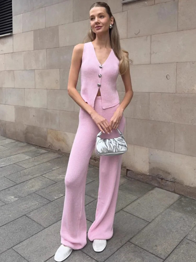 Knit Pant Set for Women – Elegant V-Neck Sleeveless Top & High Waist Pants (2 Piece Casual Outfit) - SnugBubs Australia