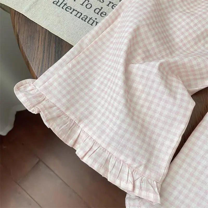 Girls' 2-Piece Outfit – Bow Short Sleeve Top & Plaid Wide-Leg Pants SnugBubs Australia