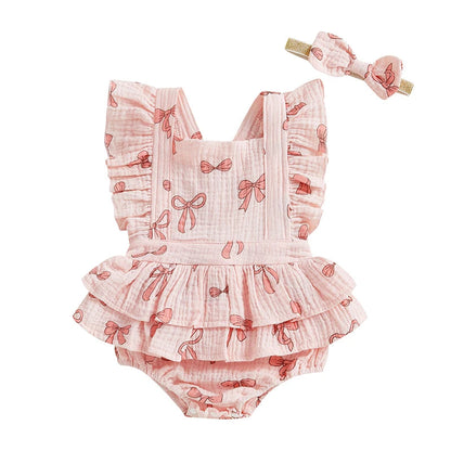 Heart/Bow Print Bodysuit with Flutter Sleeves & Headband SnugBubs Australia