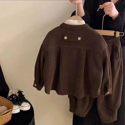 Boys Girls Korean Corduroy Stand Up Collar Single Breasted Top+ Pants Spring Autumn Set Children's Casual Two-piece Set Clothing SnugBubs Australia