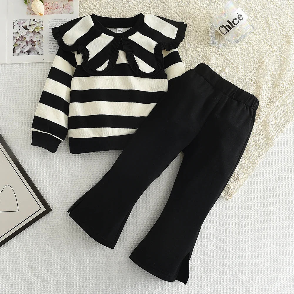 Long Sleeve Pleated Stripe Top & Bell-Bottom Pants Set SnugBubs Australia