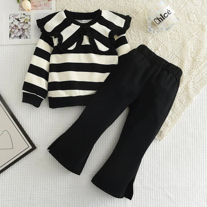 Long Sleeve Pleated Stripe Top & Bell-Bottom Pants Set SnugBubs Australia