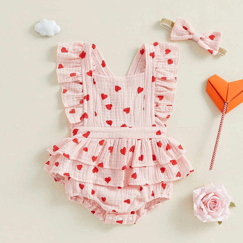 Heart/Bow Print Bodysuit with Flutter Sleeves & Headband SnugBubs Australia