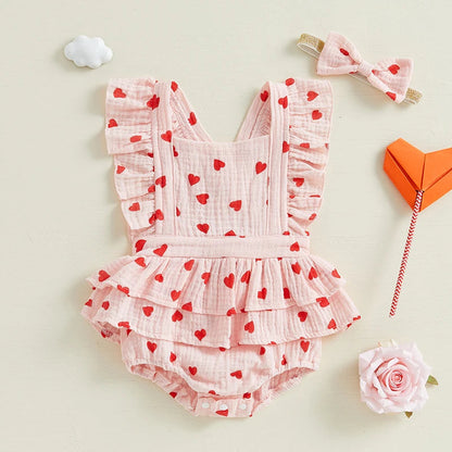 Heart/Bow Print Bodysuit with Flutter Sleeves & Headband SnugBubs Australia