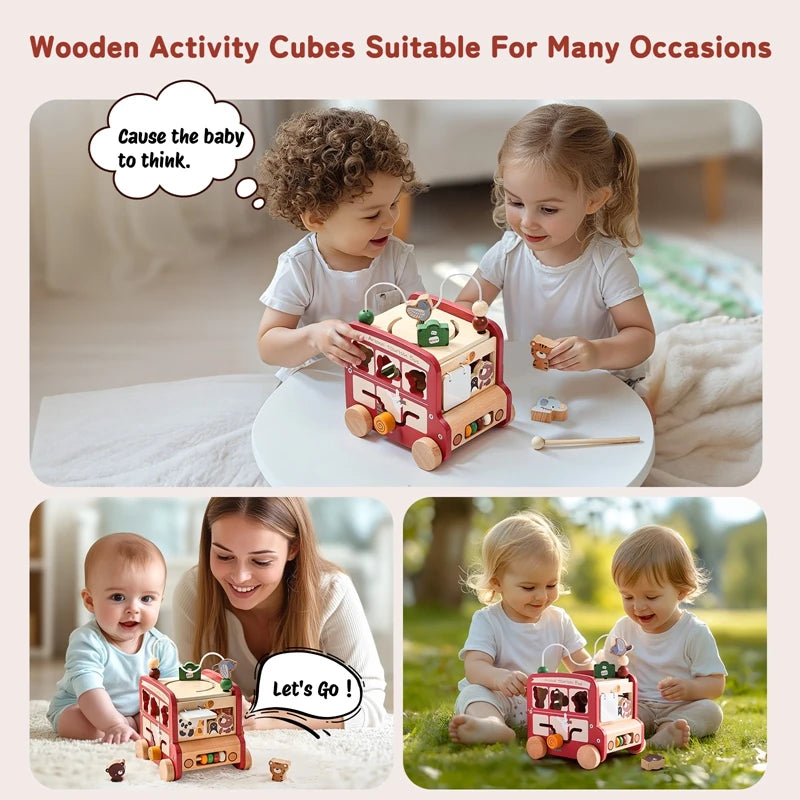Montessori Wooden Animal Activity Bus 8-in-1 – Baby Sensory Busy Board Toy for Hand & Foot Development SnugBubs Australia