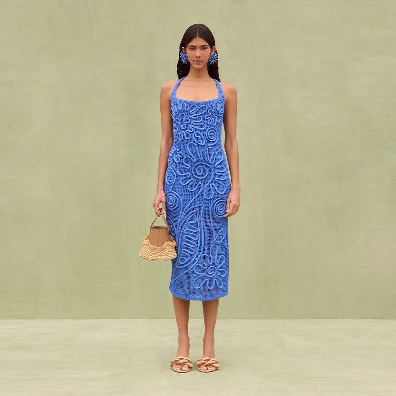 Blue knitted long dress with suspenders, sleeveless and backless