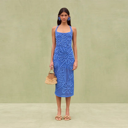 Blue knitted long dress with suspenders, sleeveless and backless