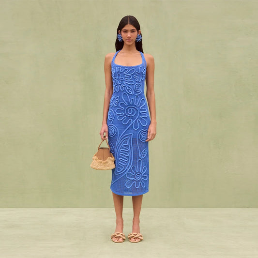 Blue knitted long dress with suspenders, sleeveless and backless