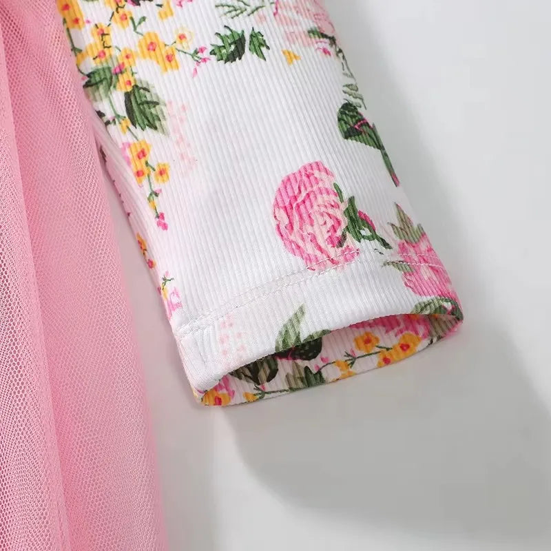 Spring Autumn Kids Clothes Baby Girls Long Sleeves Floral Mesh Princess Dresses Flowers Girls Birthday Party Dress - SnugBubs Australia