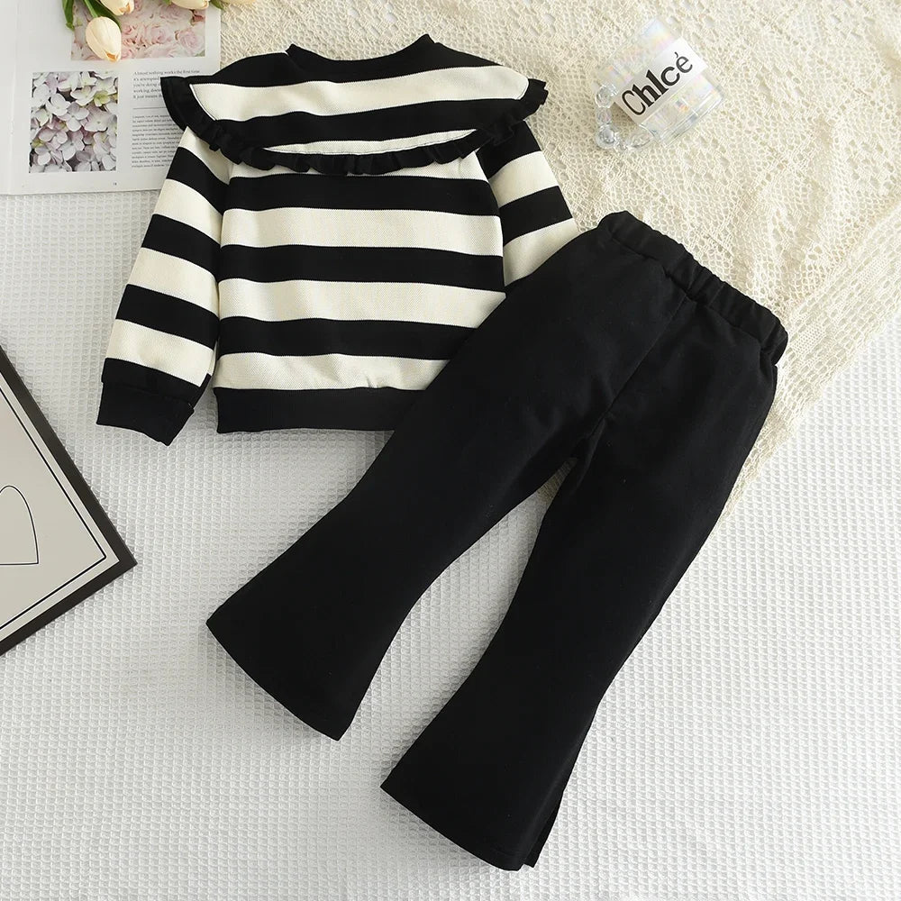 Long Sleeve Pleated Stripe Top & Bell-Bottom Pants Set SnugBubs Australia