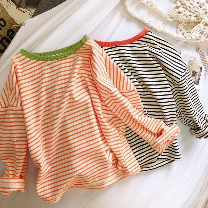 Kids’ Striped Long Sleeve Cotton T-Shirt SnugBubs Australia