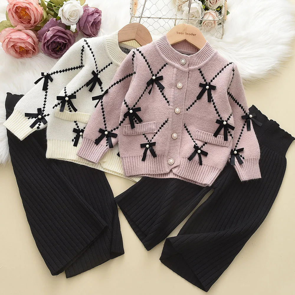 2PC Knitted Sweatshirt & Pants Set with Bow