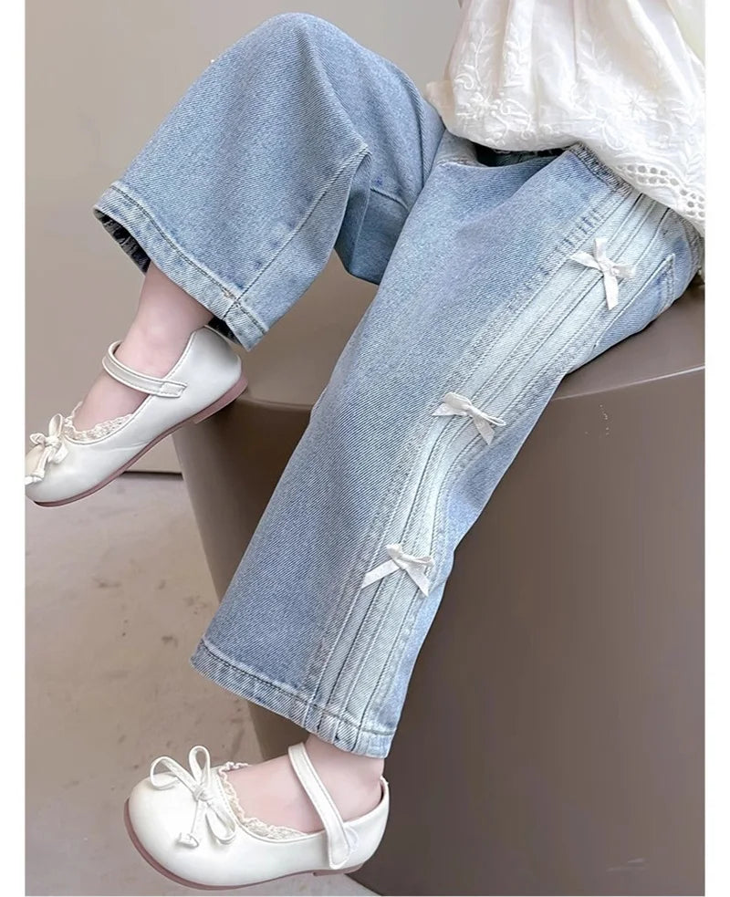 Baby Girls Bow Jeans 2025 Kids Spring Autumn Loose long Pants New Children's Straight Wide-leg Trousers Toddler Casual Clothing SnugBubs Australia